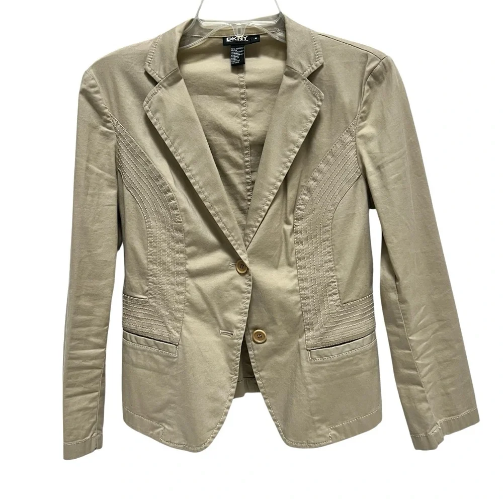 DKNY Tan Cropped Blazer Cotton Fitted Office Carrier Preppy Academia‎ Minimalist